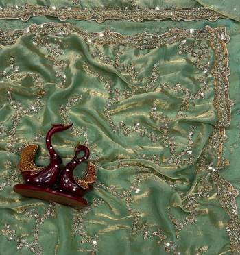 Sea Green Color Beads And  Sequence Embroidery Work Space Silk Blend Saree 1