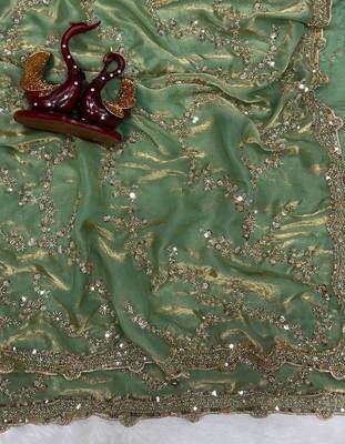 Sea Green Color Beads And  Sequence Embroidery Work Space Silk Blend Saree 2