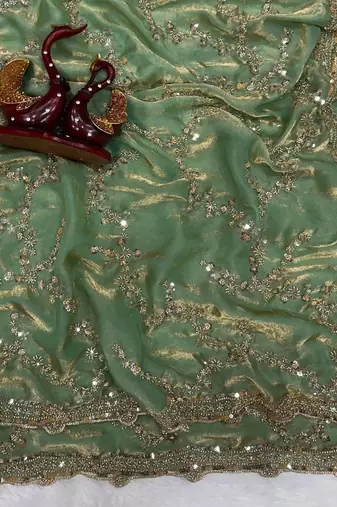 Sea Green Color Beads And  Sequence Embroidery Work Space Silk Blend Saree