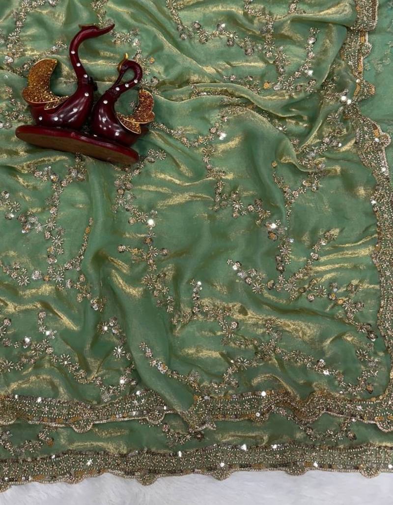 Sea Green Color Beads And  Sequence Embroidery Work Space Silk Blend Saree