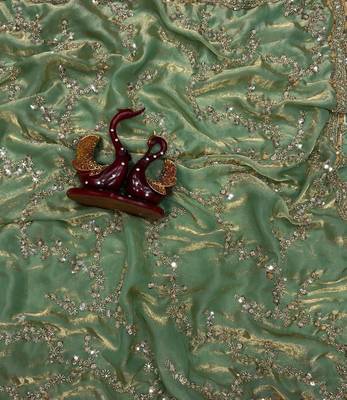 Sea Green Color Beads And  Sequence Embroidery Work Space Silk Blend Saree 3