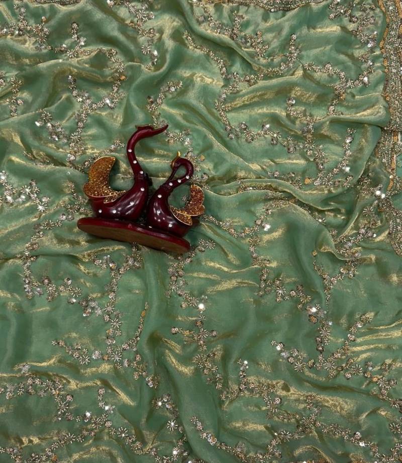 Sea Green Color Beads And  Sequence Embroidery Work Space Silk Blend Saree