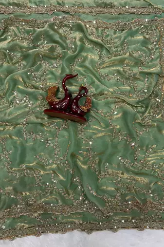 Sea Green Color Beads And  Sequence Embroidery Work Space Silk Blend Saree