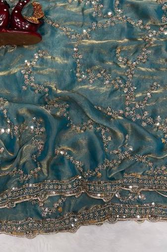 Sky Blue Color Beads And  Sequence Embroidery Work Space Silk Blend Saree