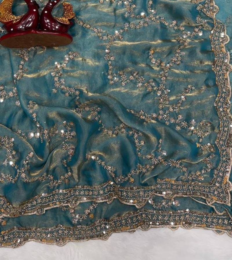 Sky Blue Color Beads And  Sequence Embroidery Work Space Silk Blend Saree