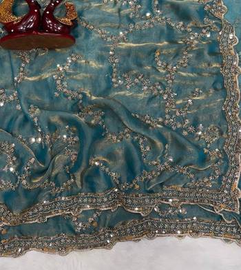 Sky Blue Color Beads And  Sequence Embroidery Work Space Silk Blend Saree 1