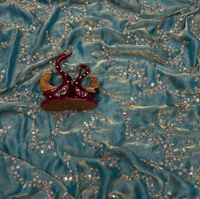 Sky Blue Color Beads And  Sequence Embroidery Work Space Silk Blend Saree