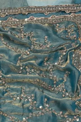 Sky Blue Color Beads And  Sequence Embroidery Work Space Silk Blend Saree