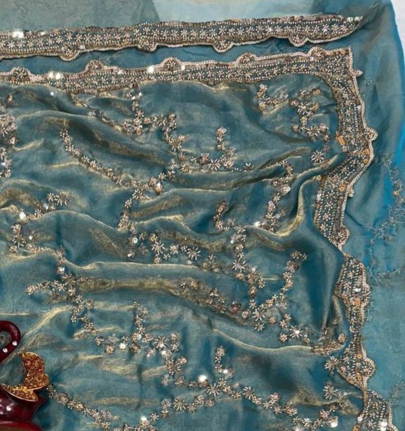 Sky Blue Color Beads And  Sequence Embroidery Work Space Silk Blend Saree