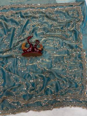 Sky Blue Color Beads And  Sequence Embroidery Work Space Silk Blend Saree 4