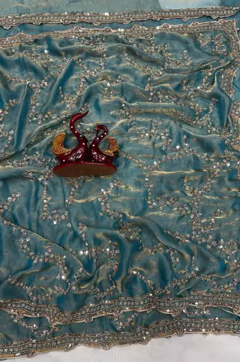 Sky Blue Color Beads And  Sequence Embroidery Work Space Silk Blend Saree