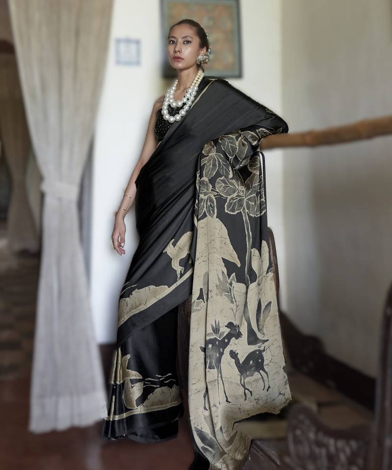 black modal satin printed saree | new launch