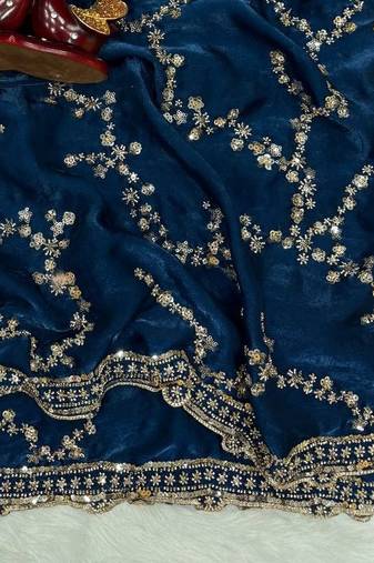 Teal Color Beads And  Sequence Embroidery Work Space Silk Blend Saree