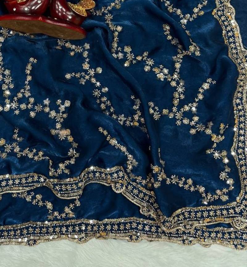 Teal Color Beads And  Sequence Embroidery Work Space Silk Blend Saree