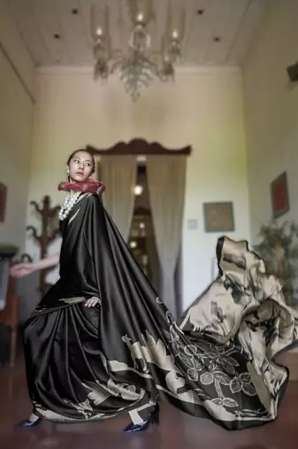 black modal satin printed saree | new launch