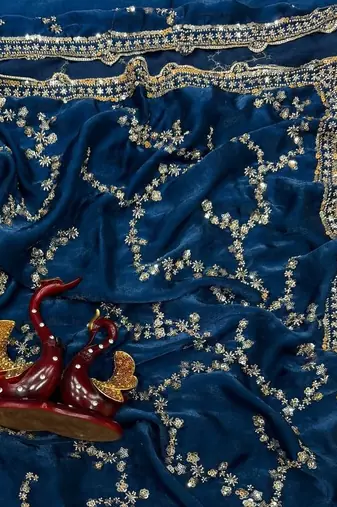 Teal Color Beads And  Sequence Embroidery Work Space Silk Blend Saree