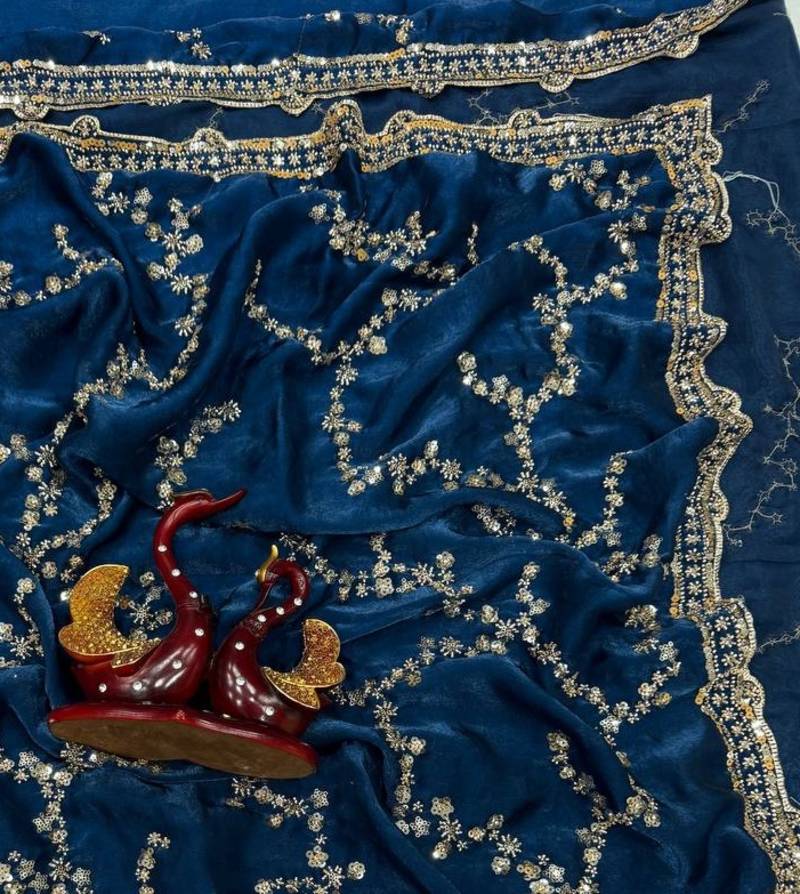 Teal Color Beads And  Sequence Embroidery Work Space Silk Blend Saree