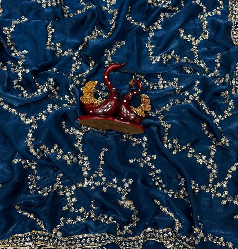 Teal Color Beads And  Sequence Embroidery Work Space Silk Blend Saree