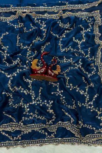Teal Color Beads And  Sequence Embroidery Work Space Silk Blend Saree