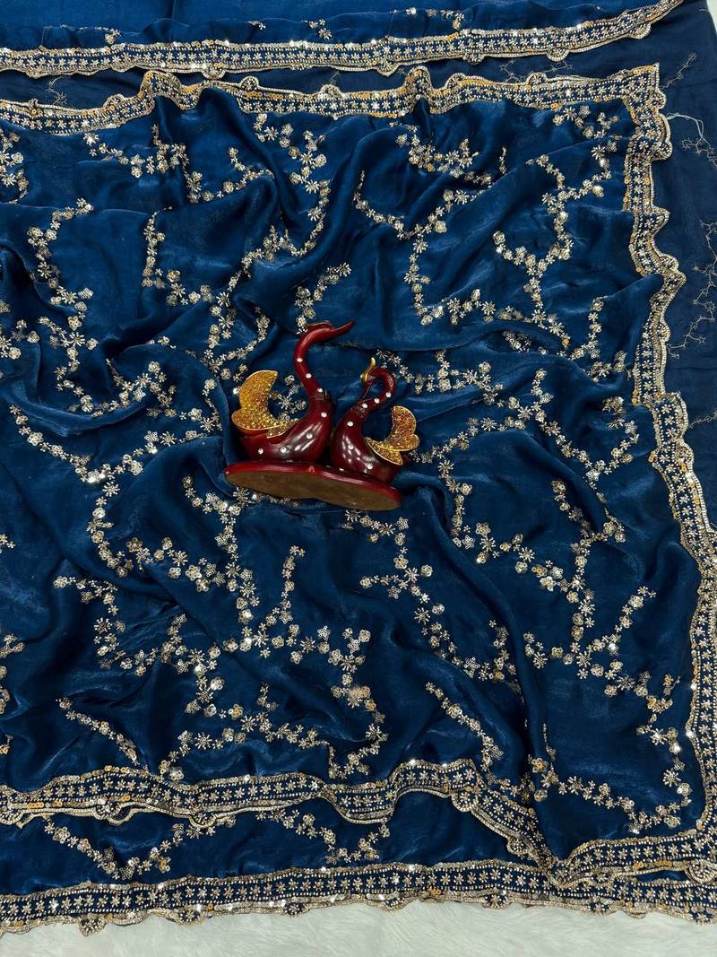 Teal Color Beads And  Sequence Embroidery Work Space Silk Blend Saree