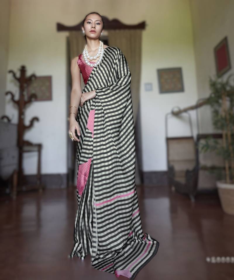 black modal satin printed saree | new launch