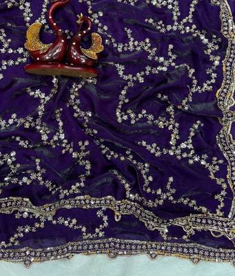 Violet Color Beads And  Sequence Embroidery Work Space Silk Blend Saree 1