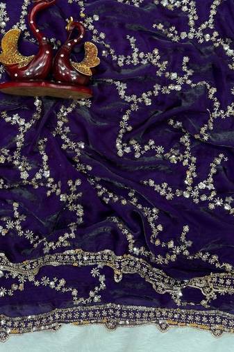 Violet Color Beads And  Sequence Embroidery Work Space Silk Blend Saree