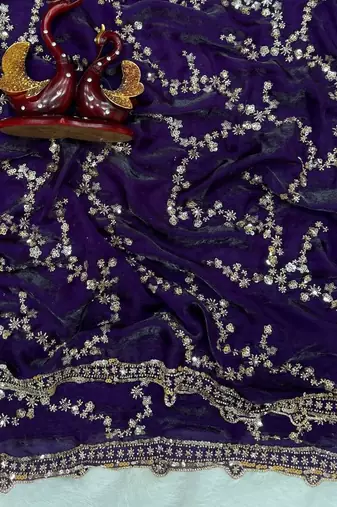 Violet Color Beads And  Sequence Embroidery Work Space Silk Blend Saree