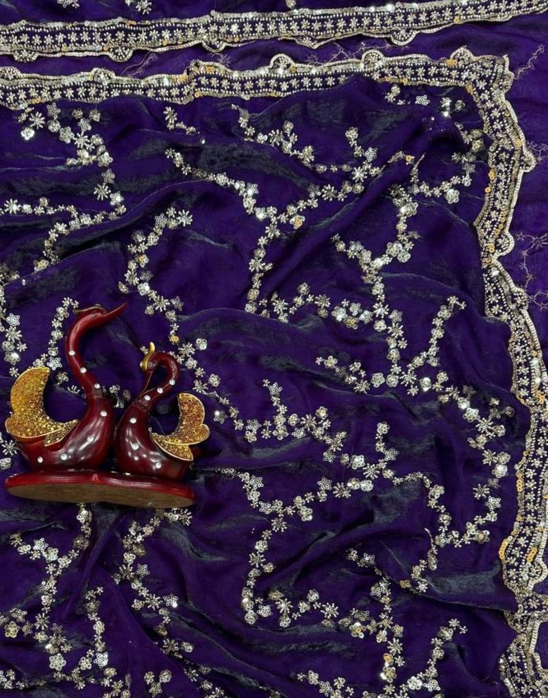 Violet Color Beads And  Sequence Embroidery Work Space Silk Blend Saree