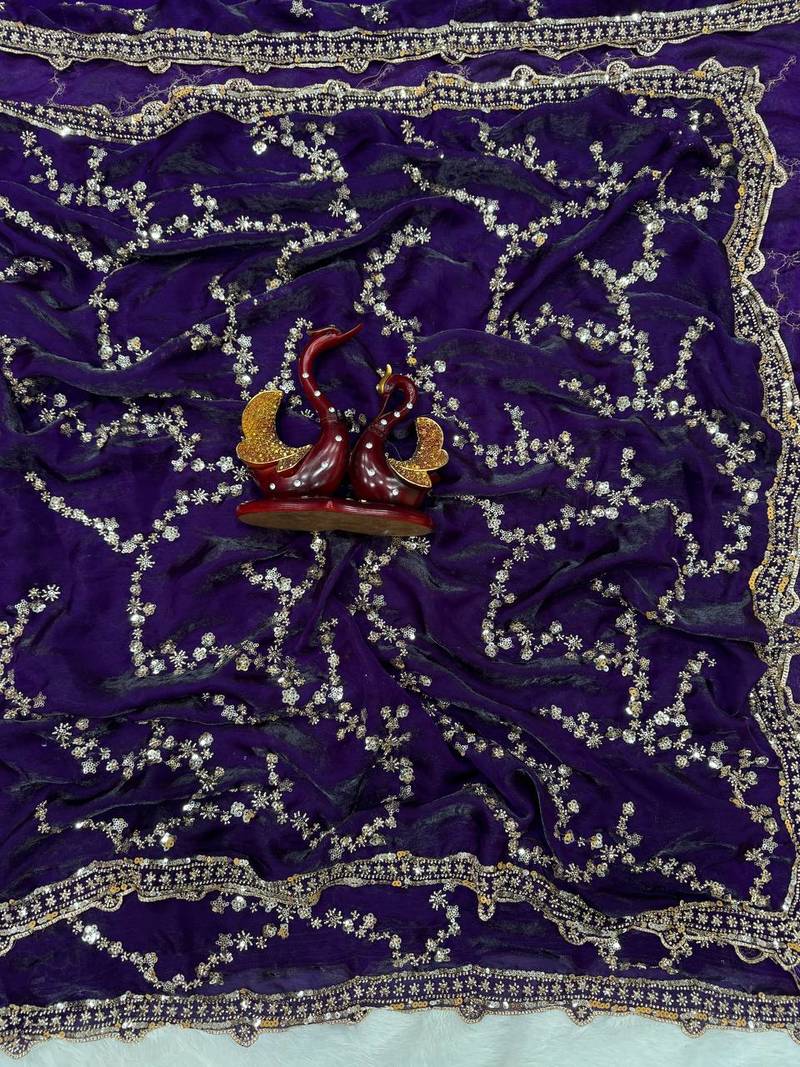 Violet Color Beads And  Sequence Embroidery Work Space Silk Blend Saree
