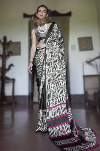 black modal satin printed saree | new launch