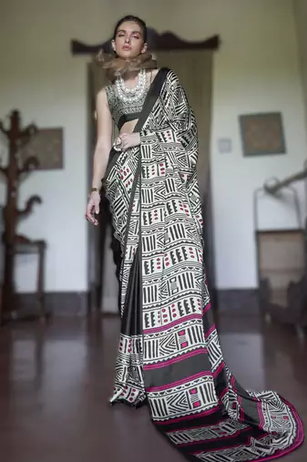 black modal satin printed saree | new launch