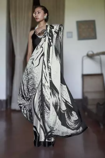 white modal satin printed saree | new launch