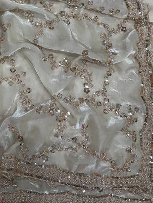 White Color Beads And  Sequence Embroidery Work Space Silk Blend Saree 1