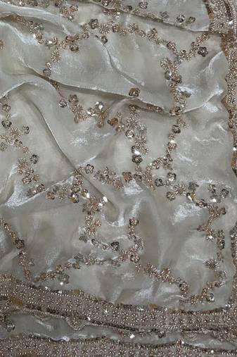 White Color Beads And  Sequence Embroidery Work Space Silk Blend Saree