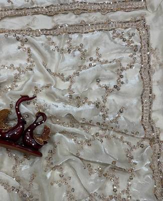 White Color Beads And  Sequence Embroidery Work Space Silk Blend Saree 2