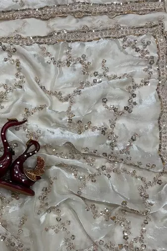 White Color Beads And  Sequence Embroidery Work Space Silk Blend Saree