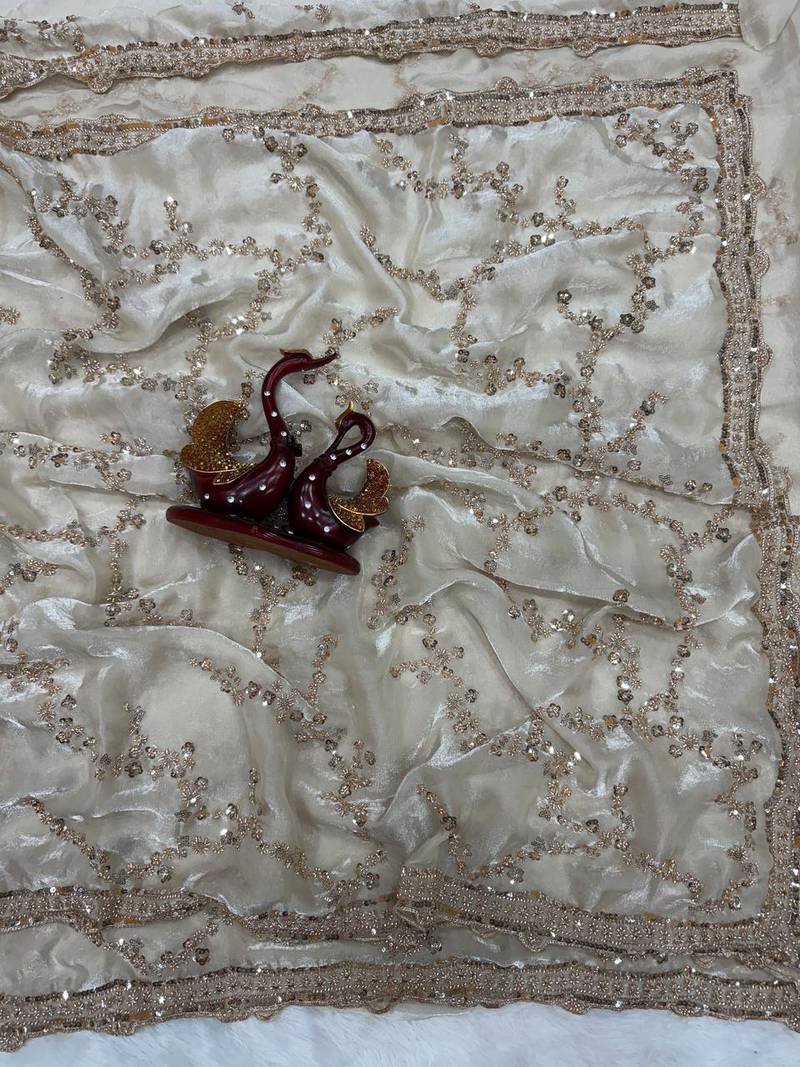 White Color Beads And  Sequence Embroidery Work Space Silk Blend Saree