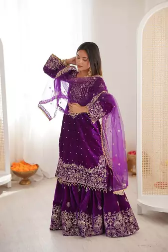 Elara Noor Cording Embroidered Purple Velvet Sharara Set for Winters