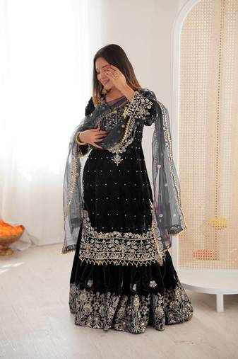 Elara Noor Cording Embroidered Black Velvet Sharara Set for Weddings
