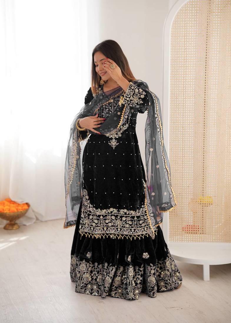 Elara Noor Cording Embroidered Black Velvet Sharara Set for Weddings