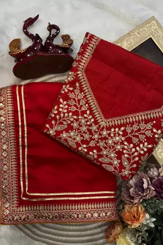 Red Color Sequence And Dori Embroidery Work Lace Border Silk Blend Saree
