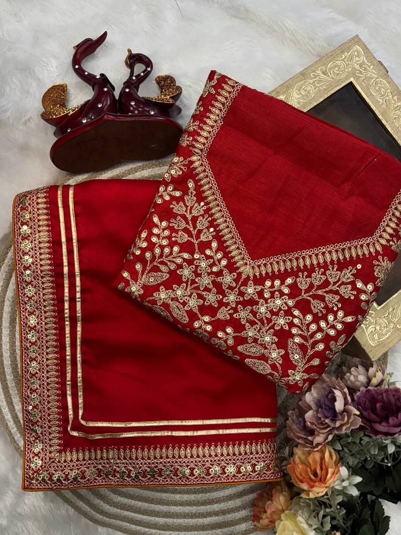 Red Color Sequence And Dori Embroidery Work Lace Border Silk Blend Saree