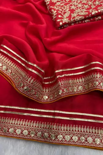 Red Color Sequence And Dori Embroidery Work Lace Border Silk Blend Saree