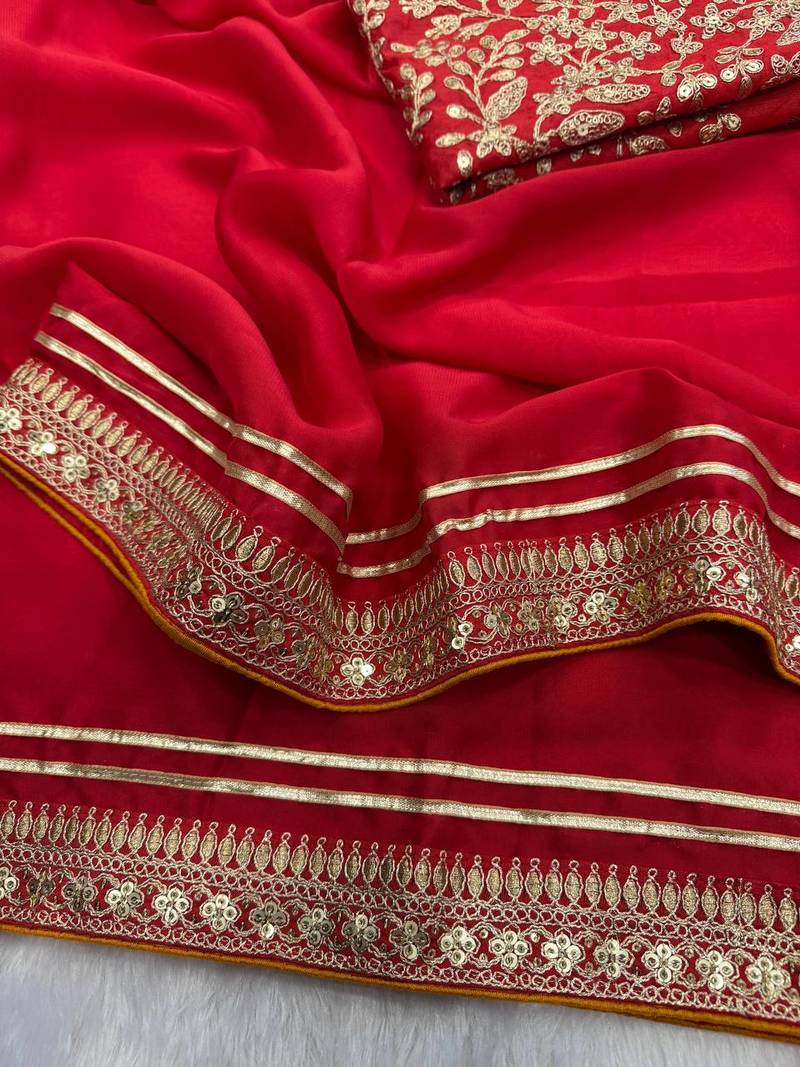 Red Color Sequence And Dori Embroidery Work Lace Border Silk Blend Saree