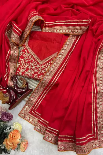 Red Color Sequence And Dori Embroidery Work Lace Border Silk Blend Saree