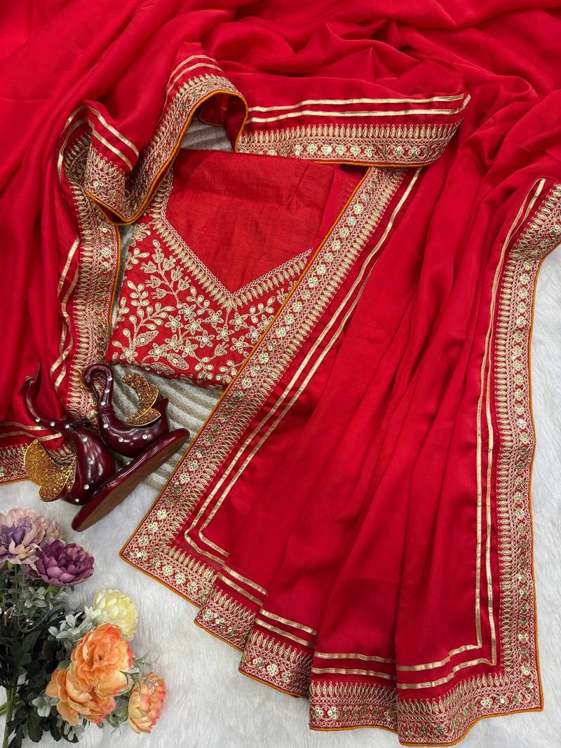 Red Color Sequence And Dori Embroidery Work Lace Border Silk Blend Saree