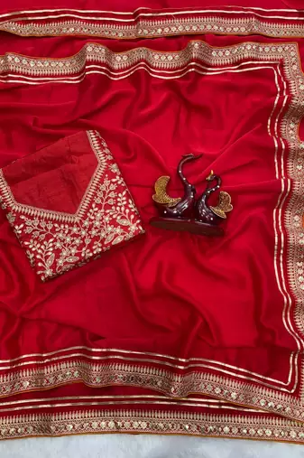 Red Color Sequence And Dori Embroidery Work Lace Border Silk Blend Saree
