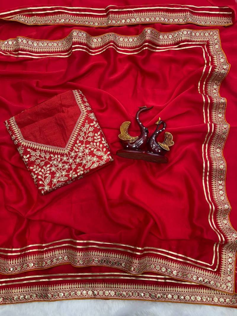 Red Color Sequence And Dori Embroidery Work Lace Border Silk Blend Saree