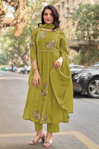 Women Ethnic Motifs Embroidered  Chanderi Cotton Kurta with Palazzos &  Dupatta